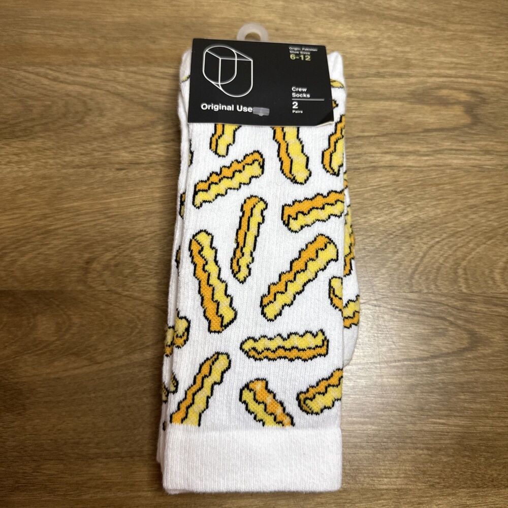 Mens Striped & French Fries 2pk Crew Socks Size 6-12, Blk Yellow Wht Christmas